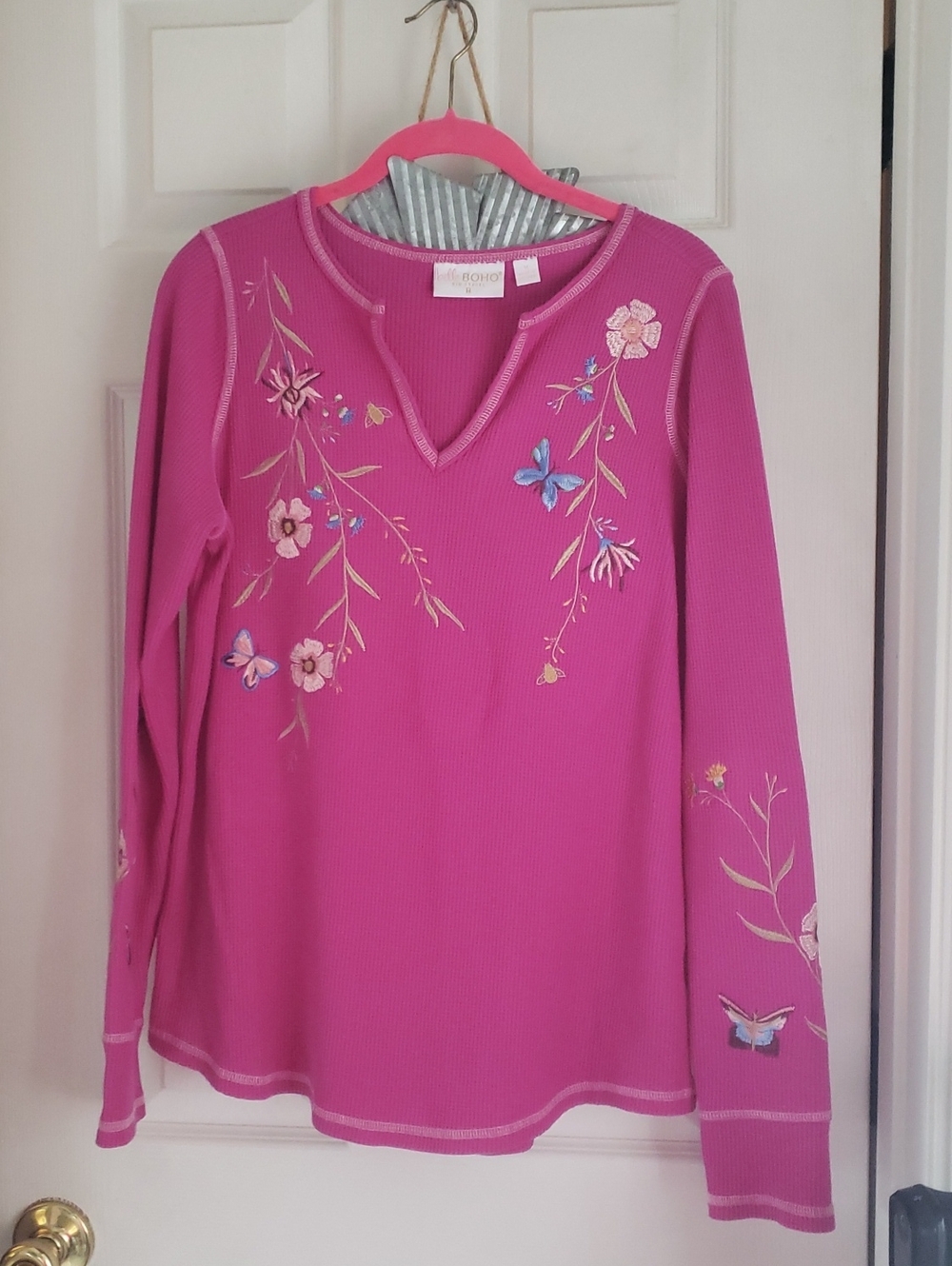 Belle by Kim Gravel Hot Pink Embroidered V-Notch Long Sleeve Top